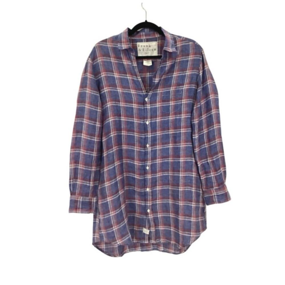 Frank & Eileen Mary Linen Button Front Shirtdress Blue Red Plaid Size Medium - Picture 2 of 10